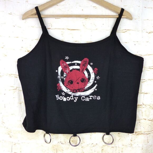 Hot Topic Cami Top Womens Plus 2 Black Nobody Cares Bunny O-Ring Crop Goth Punk - Picture 1 of 10